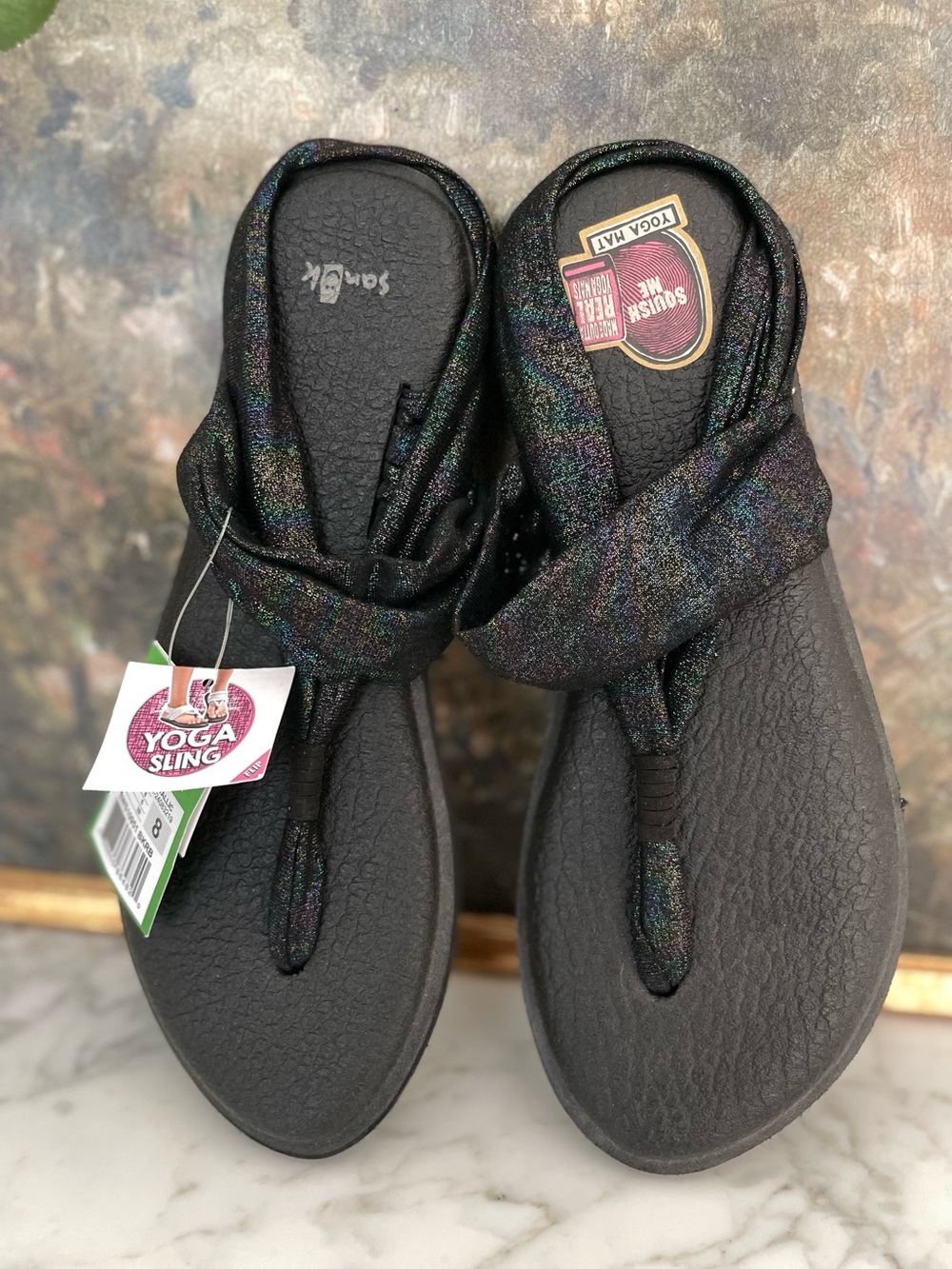 Sanuk Yoga Sling 2 Metallic Shimmer Black Sandals Size 8